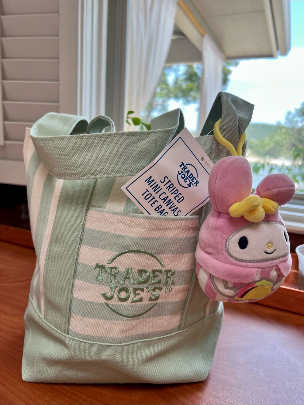 💚✨Trader Joe's Mint Striped Canvas Tote Bag with Melody keychain - Picture 2 of 5